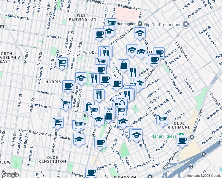 map of restaurants, bars, coffee shops, grocery stores, and more near 2064 East Susquehanna Avenue in Philadelphia