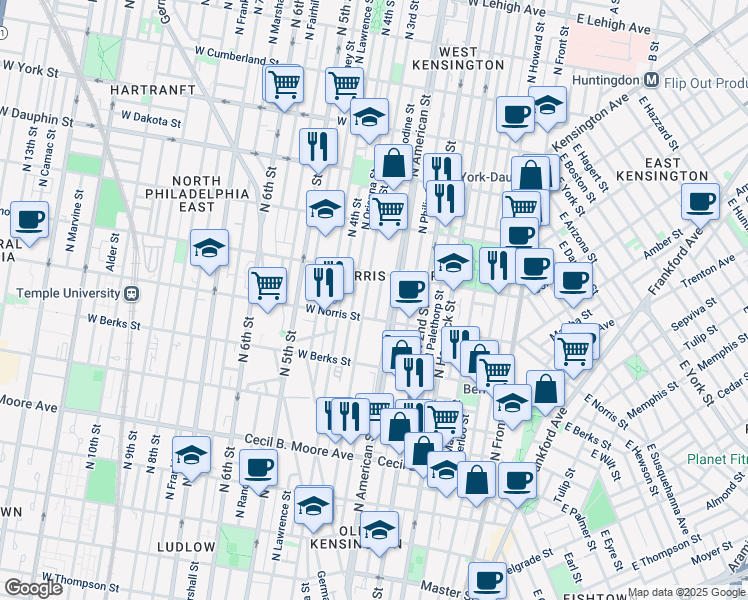 map of restaurants, bars, coffee shops, grocery stores, and more near 2024 North Bodine Street in Philadelphia