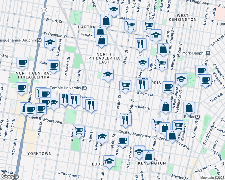 map of restaurants, bars, coffee shops, grocery stores, and more near 624 West Norris Street in Philadelphia
