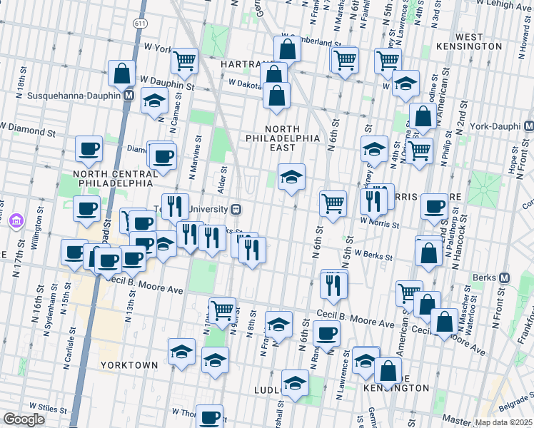 map of restaurants, bars, coffee shops, grocery stores, and more near 1944 North 8th Street in Philadelphia