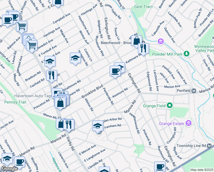 map of restaurants, bars, coffee shops, grocery stores, and more near 309 Brookline Boulevard in Havertown