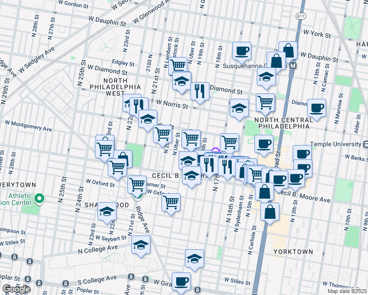 map of restaurants, bars, coffee shops, grocery stores, and more near 1900 Morse Street in Philadelphia