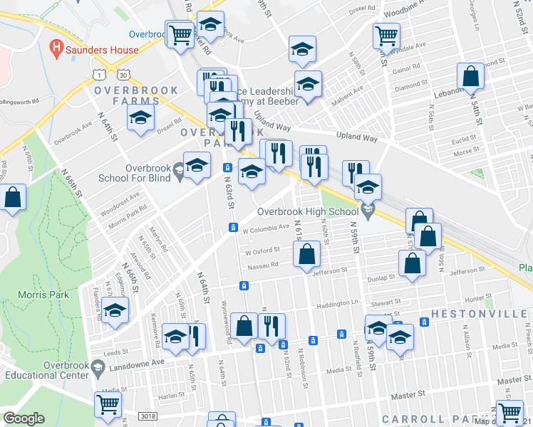 map of restaurants, bars, coffee shops, grocery stores, and more near 6156 Lebanon Avenue in Philadelphia