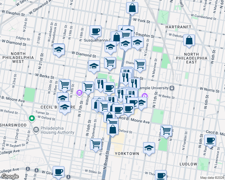 map of restaurants, bars, coffee shops, grocery stores, and more near 1801 N Broad St in Philadelphia