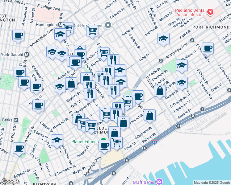 map of restaurants, bars, coffee shops, grocery stores, and more near 2347 East Albert Street in Philadelphia