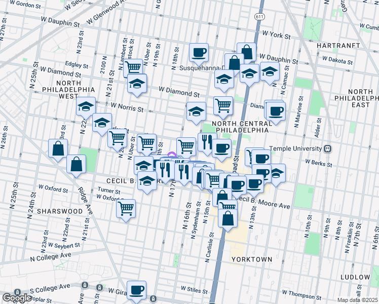 map of restaurants, bars, coffee shops, grocery stores, and more near 1811 Willington Street in Philadelphia