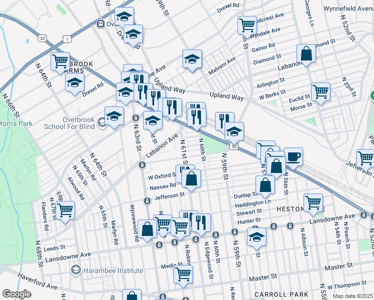 map of restaurants, bars, coffee shops, grocery stores, and more near 1917 North 61st Street in Philadelphia