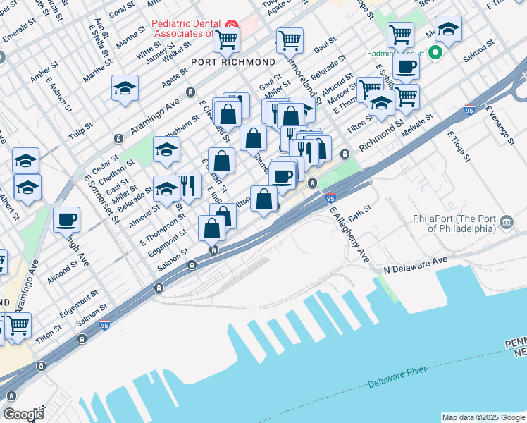 map of restaurants, bars, coffee shops, grocery stores, and more near 3054 Richmond Street in Philadelphia