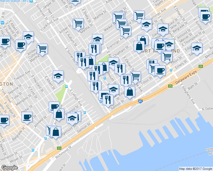 map of restaurants, bars, coffee shops, grocery stores, and more near 2862 Almond Street in Philadelphia