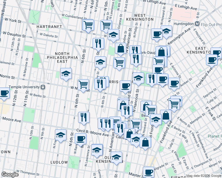 map of restaurants, bars, coffee shops, grocery stores, and more near 2022 North 3rd Street in Philadelphia