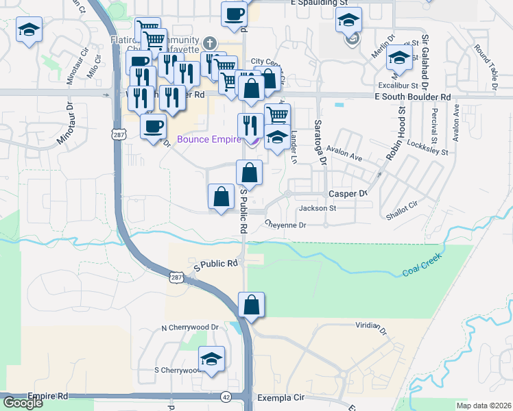 map of restaurants, bars, coffee shops, grocery stores, and more near 121 Casper Drive in Lafayette