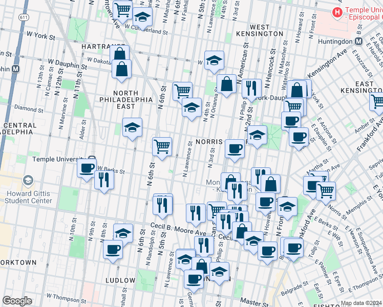 map of restaurants, bars, coffee shops, grocery stores, and more near 2009 North Lawrence Street in Philadelphia