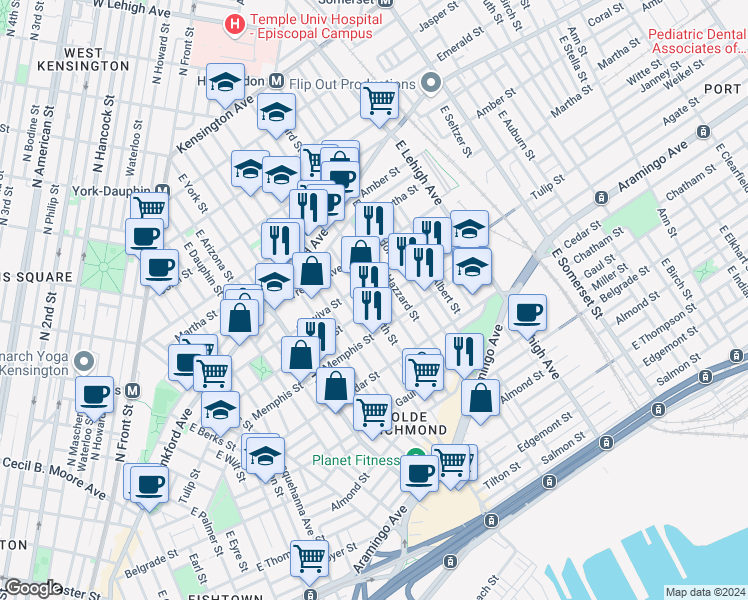 map of restaurants, bars, coffee shops, grocery stores, and more near 2524 Tulip Street in Philadelphia