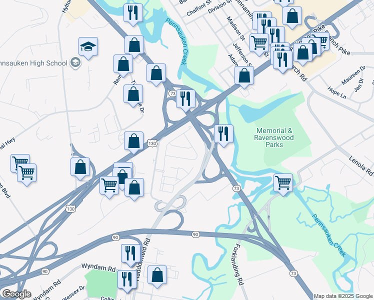 map of restaurants, bars, coffee shops, grocery stores, and more near 112 Kohlmyer Drive in Pennsauken Township