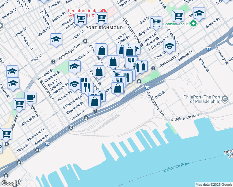 map of restaurants, bars, coffee shops, grocery stores, and more near 3050 Richmond St in Philadelphia
