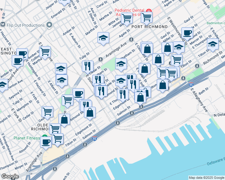map of restaurants, bars, coffee shops, grocery stores, and more near 2862 Almond Street in Philadelphia