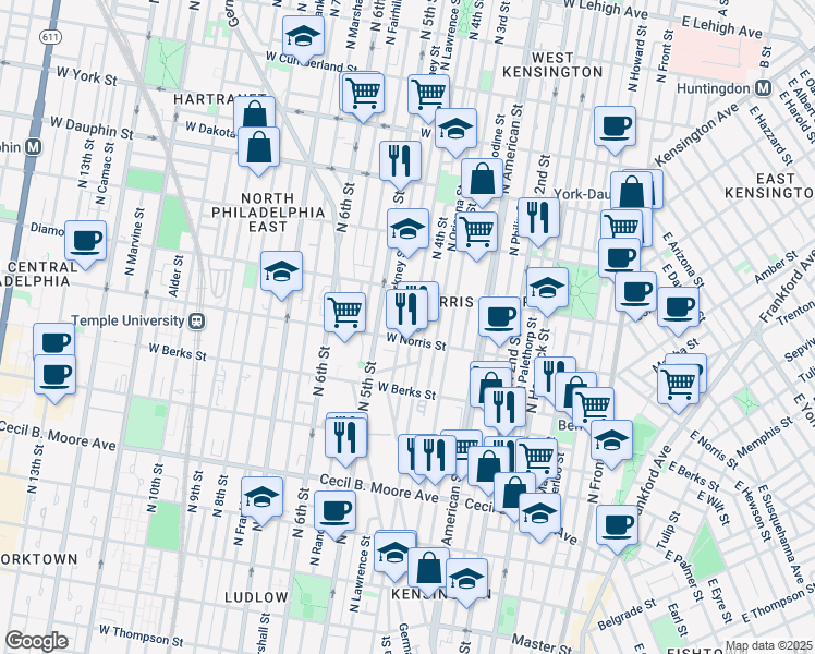map of restaurants, bars, coffee shops, grocery stores, and more near 2009 North Lawrence Street in Philadelphia