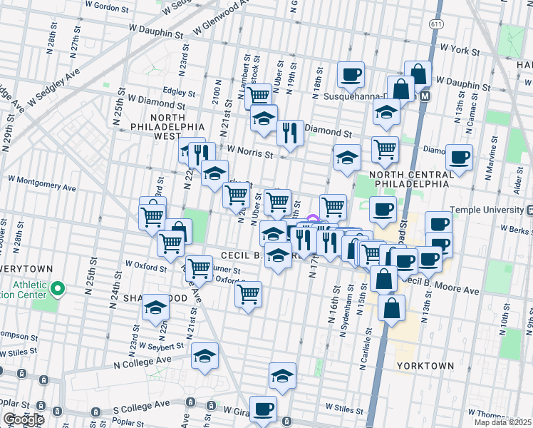 map of restaurants, bars, coffee shops, grocery stores, and more near 1900 Morse Street in Philadelphia
