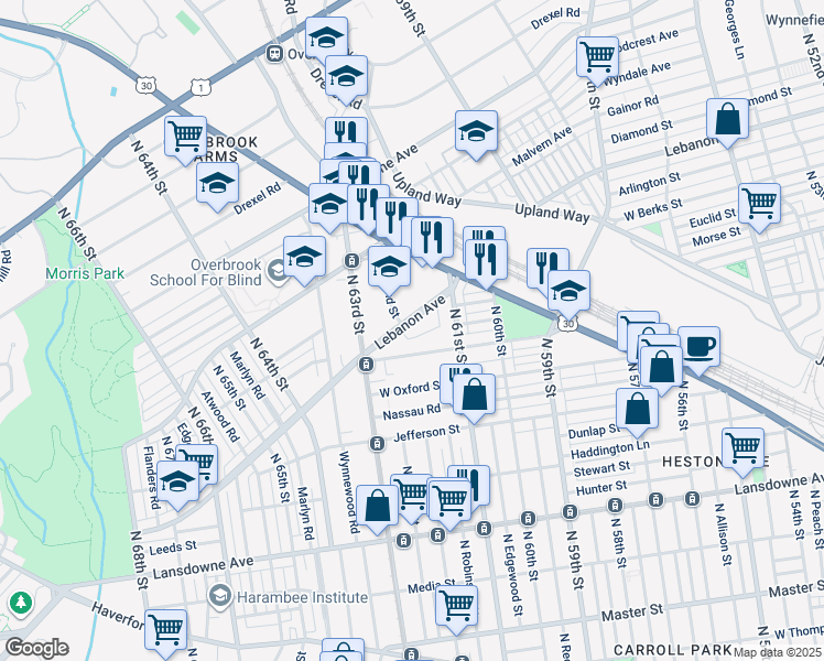 map of restaurants, bars, coffee shops, grocery stores, and more near 6156 Lebanon Avenue in Philadelphia