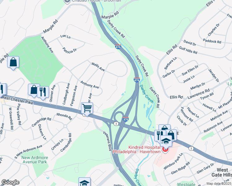 map of restaurants, bars, coffee shops, grocery stores, and more near 107 Brookthorpe Terrace in Broomall