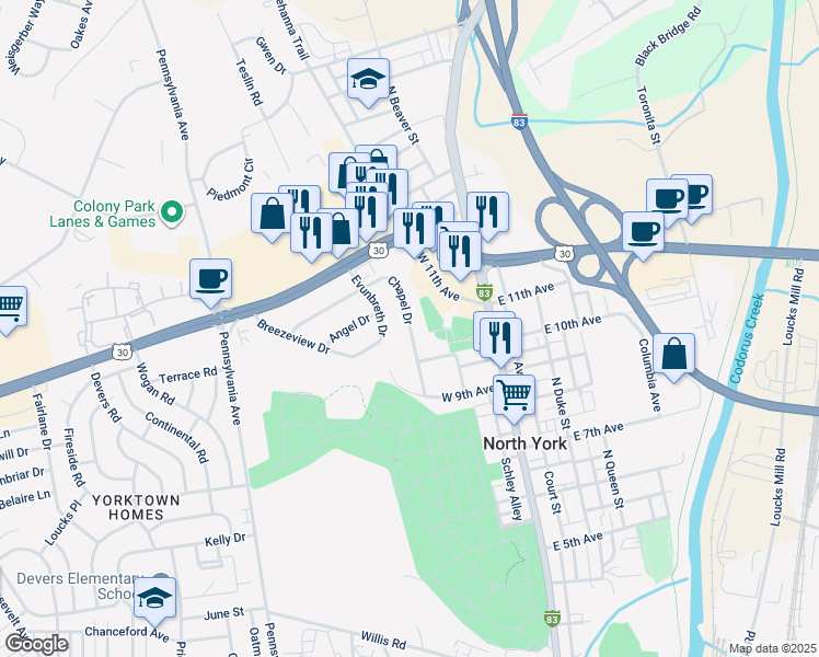 map of restaurants, bars, coffee shops, grocery stores, and more near 1440 Chapel Drive in York