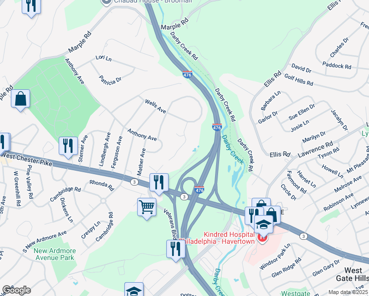 map of restaurants, bars, coffee shops, grocery stores, and more near 107 Brookthorpe Terrace in Broomall