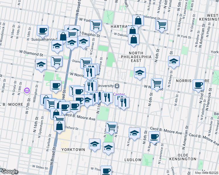 map of restaurants, bars, coffee shops, grocery stores, and more near 927 West Berks Street in Philadelphia