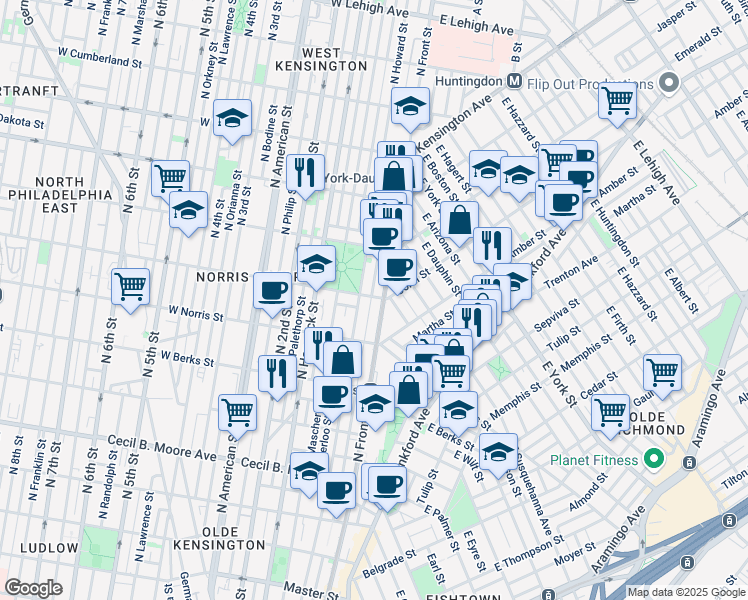 map of restaurants, bars, coffee shops, grocery stores, and more near 104 Diamond Street in Philadelphia