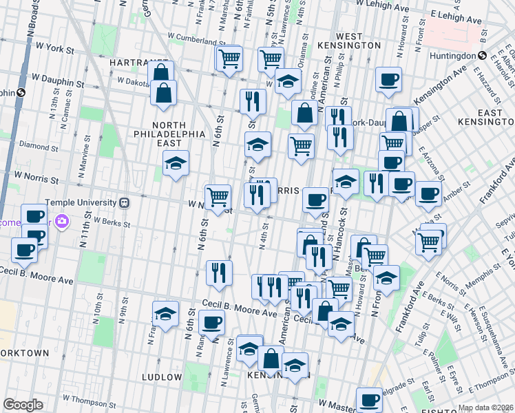 map of restaurants, bars, coffee shops, grocery stores, and more near in Philadelphia