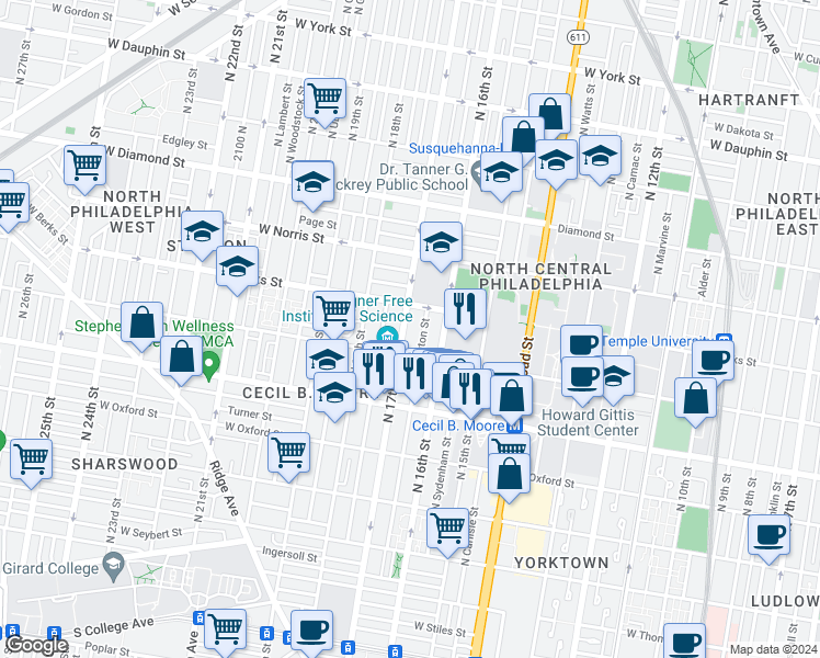 map of restaurants, bars, coffee shops, grocery stores, and more near 1831 North 17th Street in Philadelphia