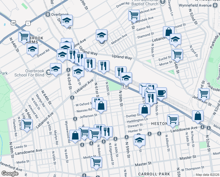 map of restaurants, bars, coffee shops, grocery stores, and more near 5901 West Columbia Avenue in Philadelphia