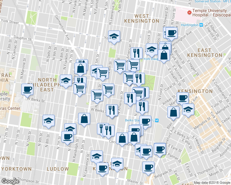 map of restaurants, bars, coffee shops, grocery stores, and more near 2026 North Bodine Street in Philadelphia