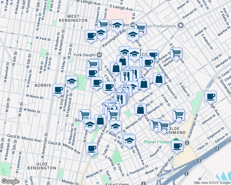 map of restaurants, bars, coffee shops, grocery stores, and more near 2106 East Dauphin Street in Philadelphia