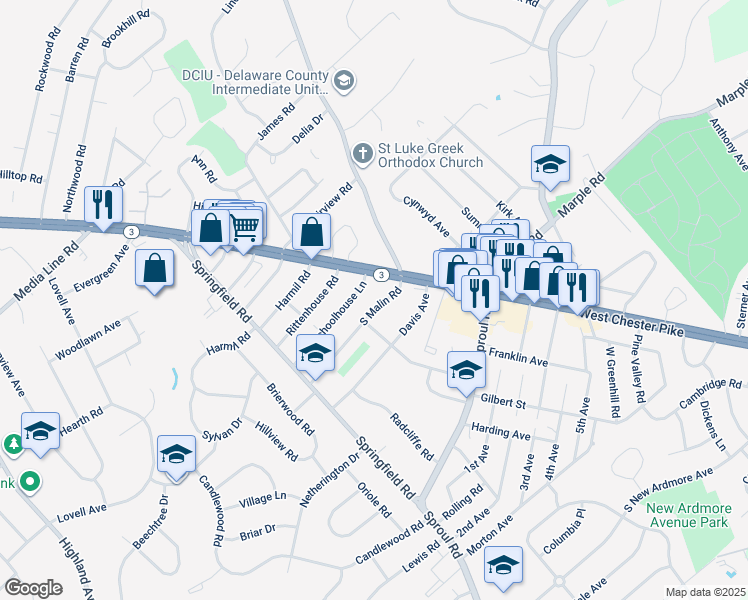 map of restaurants, bars, coffee shops, grocery stores, and more near 16 South Malin Road in Broomall