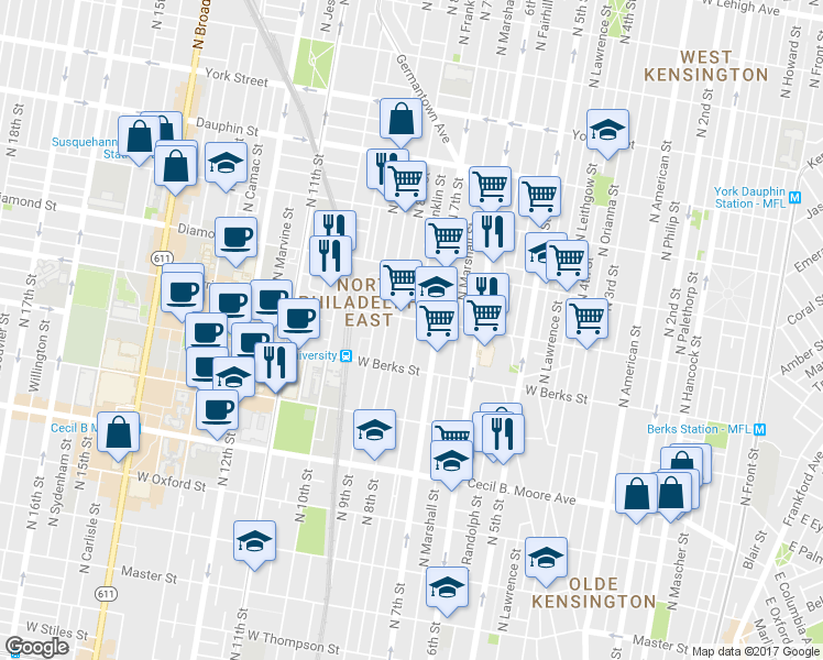 map of restaurants, bars, coffee shops, grocery stores, and more near 1926 North Franklin Street in Philadelphia