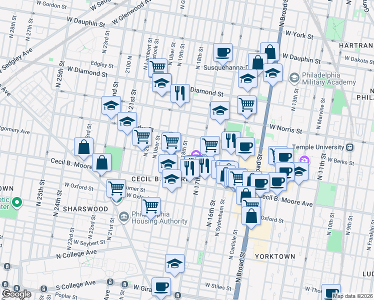 map of restaurants, bars, coffee shops, grocery stores, and more near 1731 West Montgomery Avenue in Philadelphia