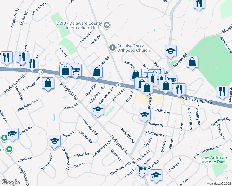 map of restaurants, bars, coffee shops, grocery stores, and more near 16 South Malin Road in Broomall