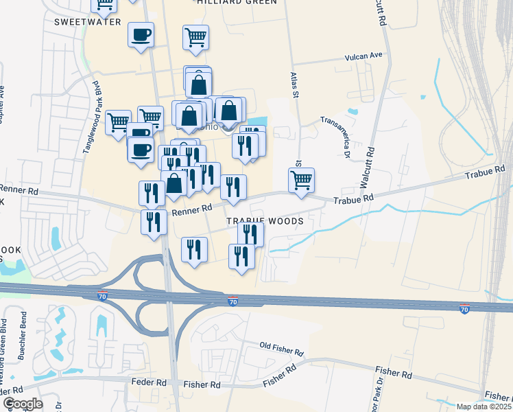 map of restaurants, bars, coffee shops, grocery stores, and more near 5391 Renner Road in Columbus
