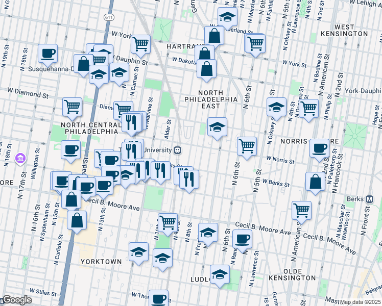 map of restaurants, bars, coffee shops, grocery stores, and more near 1949 North 9th Street in Philadelphia
