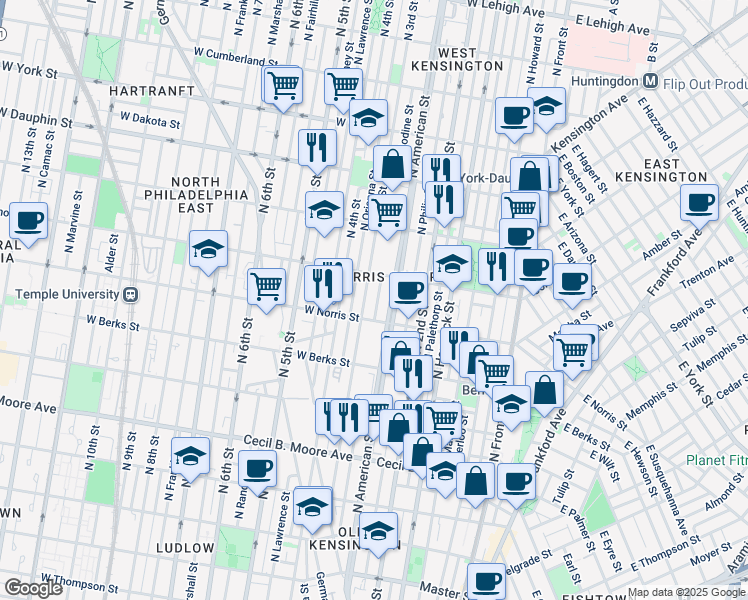 map of restaurants, bars, coffee shops, grocery stores, and more near 2024 North Bodine Street in Philadelphia