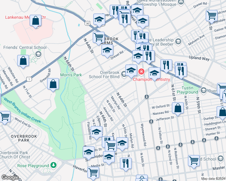 map of restaurants, bars, coffee shops, grocery stores, and more near 6405 Malvern Avenue in Philadelphia