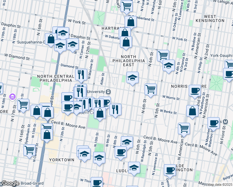 map of restaurants, bars, coffee shops, grocery stores, and more near 1949 North 9th Street in Philadelphia