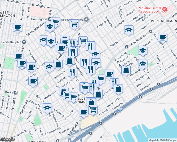 map of restaurants, bars, coffee shops, grocery stores, and more near 2364 East Harold Street in Philadelphia