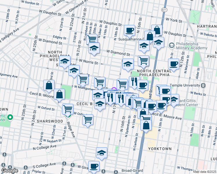 map of restaurants, bars, coffee shops, grocery stores, and more near 1813 North 18th Street in Philadelphia