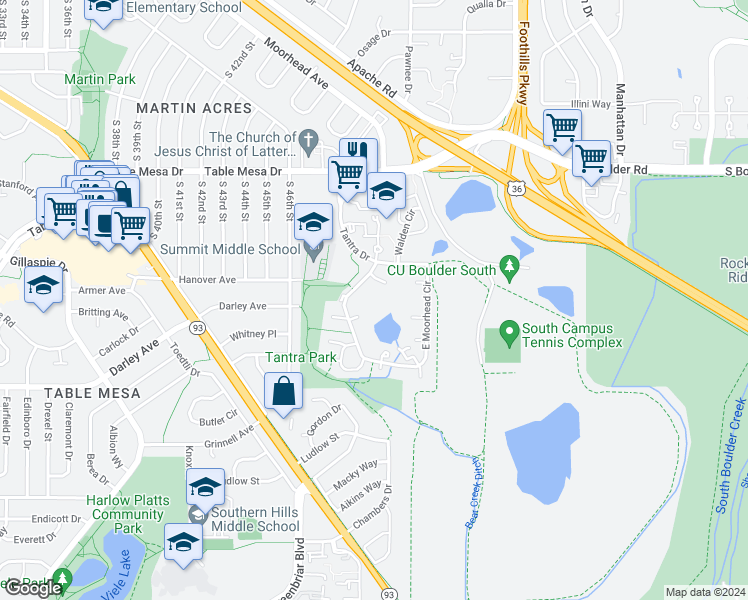 map of restaurants, bars, coffee shops, grocery stores, and more near 990 West Moorhead Circle in Boulder