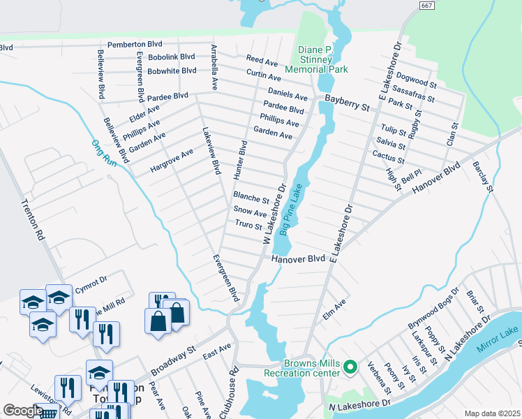 map of restaurants, bars, coffee shops, grocery stores, and more near 120 Snow Avenue in Browns Mills