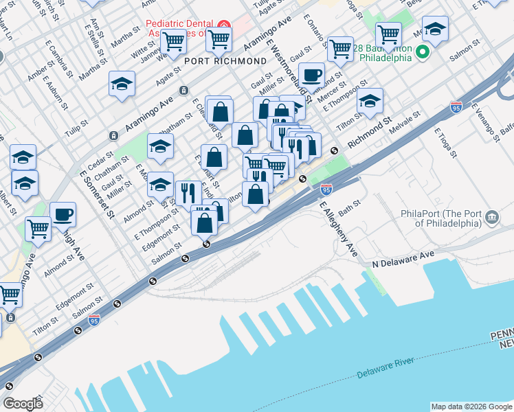 map of restaurants, bars, coffee shops, grocery stores, and more near 3027 Richmond Street in Philadelphia