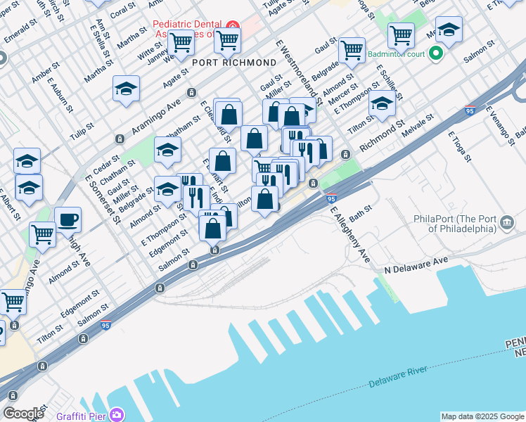 map of restaurants, bars, coffee shops, grocery stores, and more near 3027 Richmond Street in Philadelphia