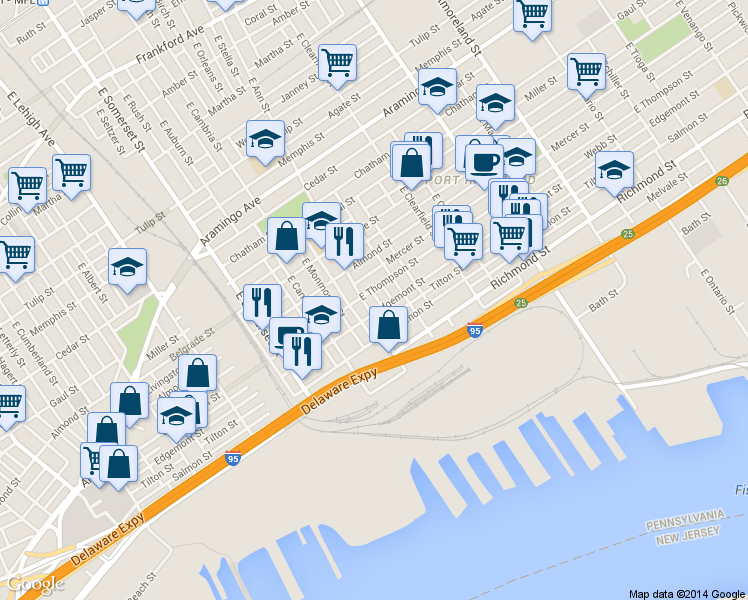 map of restaurants, bars, coffee shops, grocery stores, and more near 2960 Tilton Street in Philadelphia