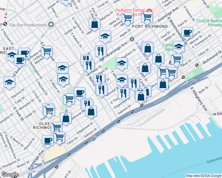 map of restaurants, bars, coffee shops, grocery stores, and more near 2820 Almond Street in Philadelphia